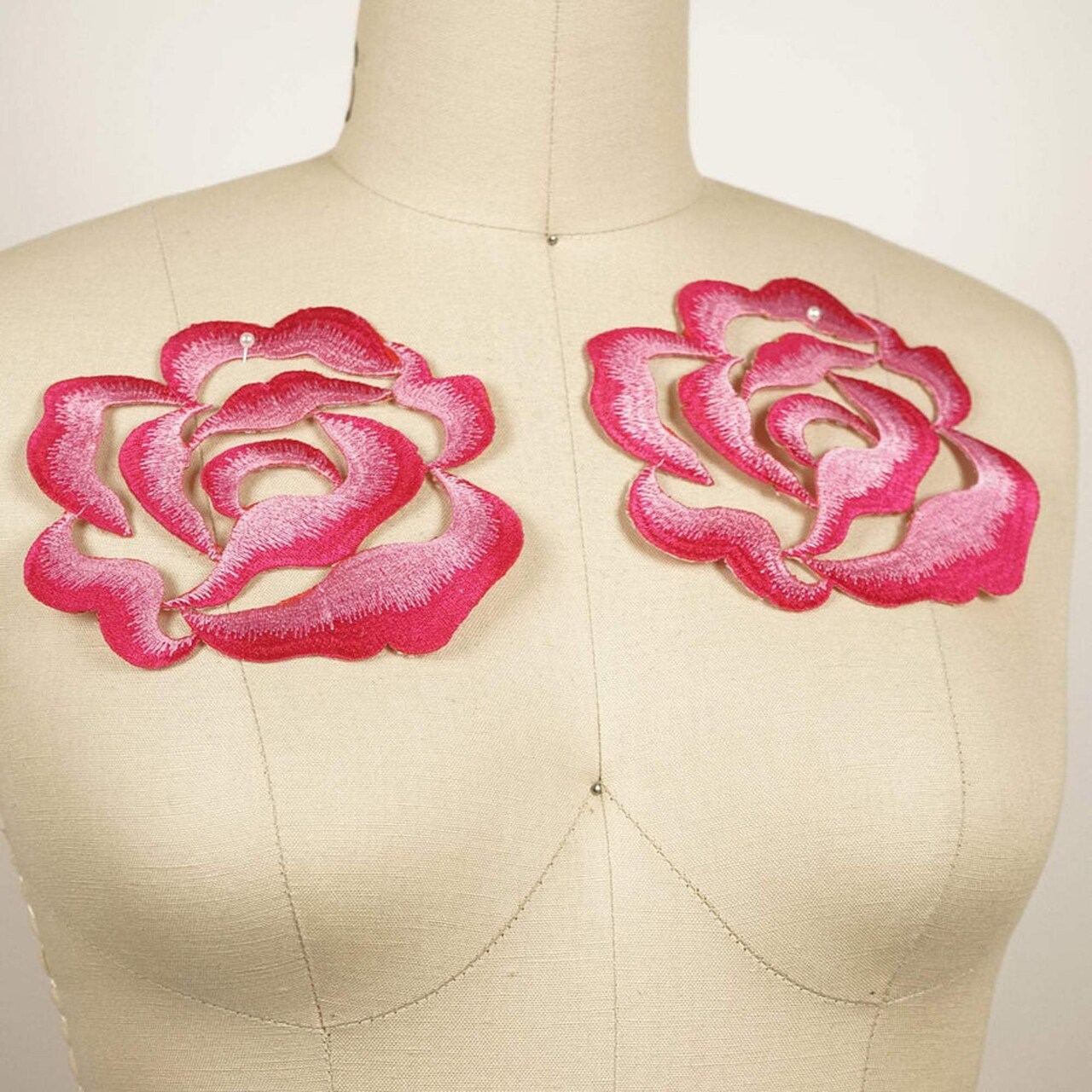 Hot Pink and Rose Embroidered Flower Appliques 5.5" Iron On Patch Pair